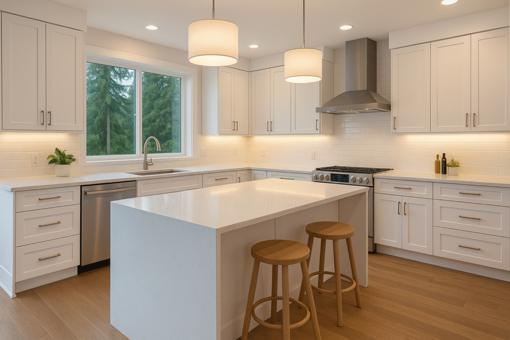 Modern Seattle kitchen remodel with quartz waterfall island and forested view