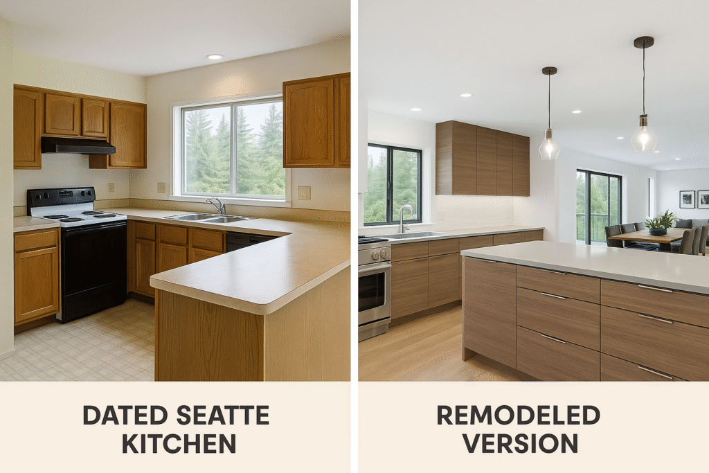Comparison of an outdated kitchen and its modern remodeled counterpart in a Seattle residence